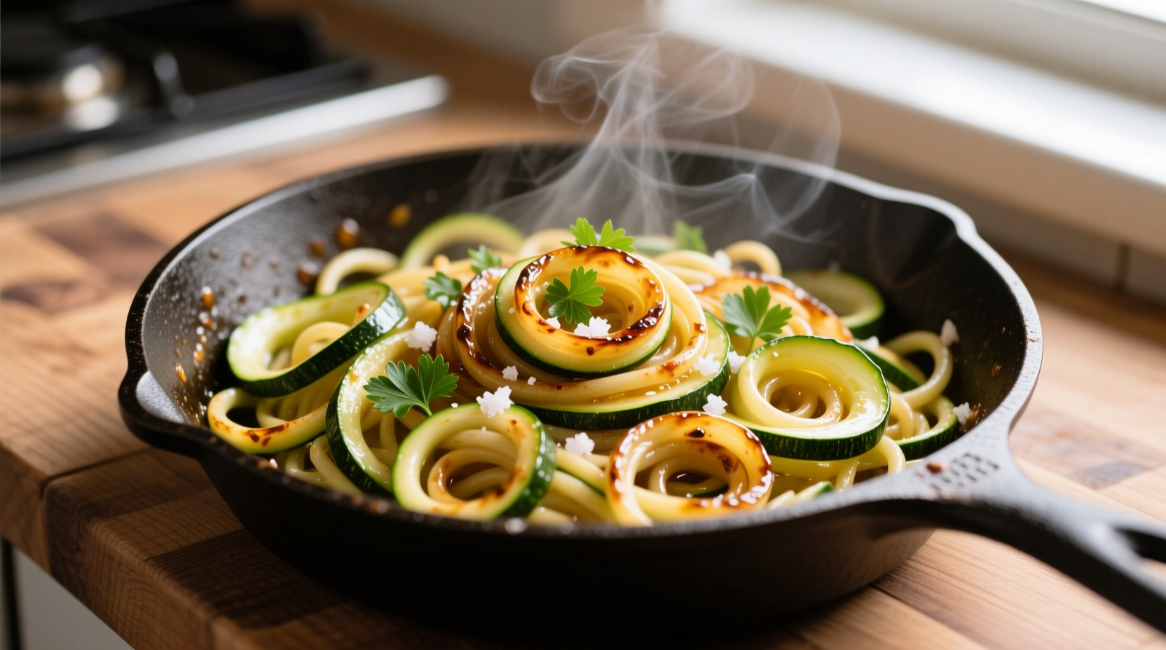Perfectly sautéed zucchini noodles in a skillet