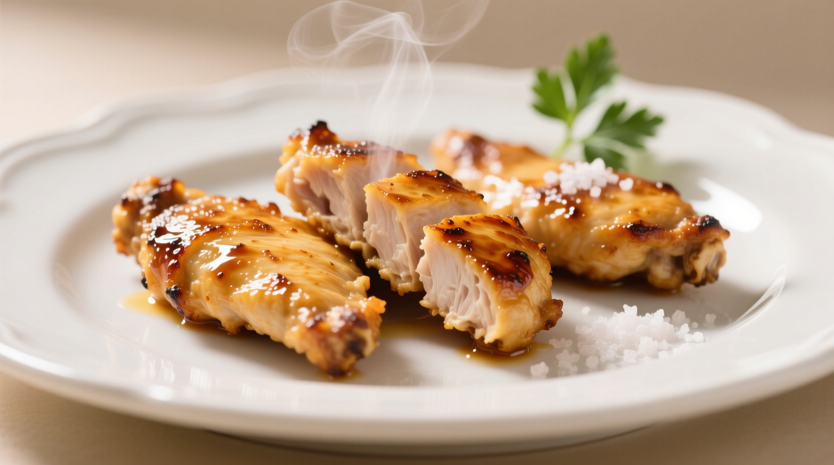 Perfectly cooked golden chicken tenderloins on a white plate