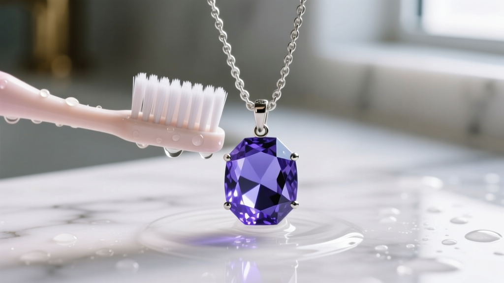 Close-up of a soft baby-bristle toothbrush gently cleaning a faceted tanzanite pendant on a silver chain with mild soapy water