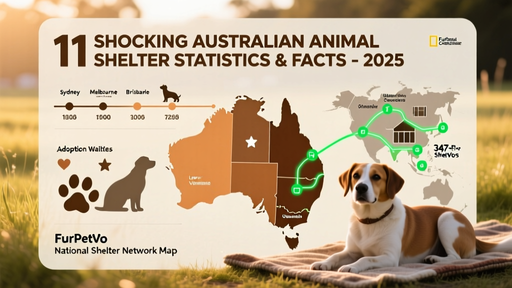 Infographic-style visual showing key shelter stats: adoption timelines, regional adoption rates, and FurPetVo's national shelter network map