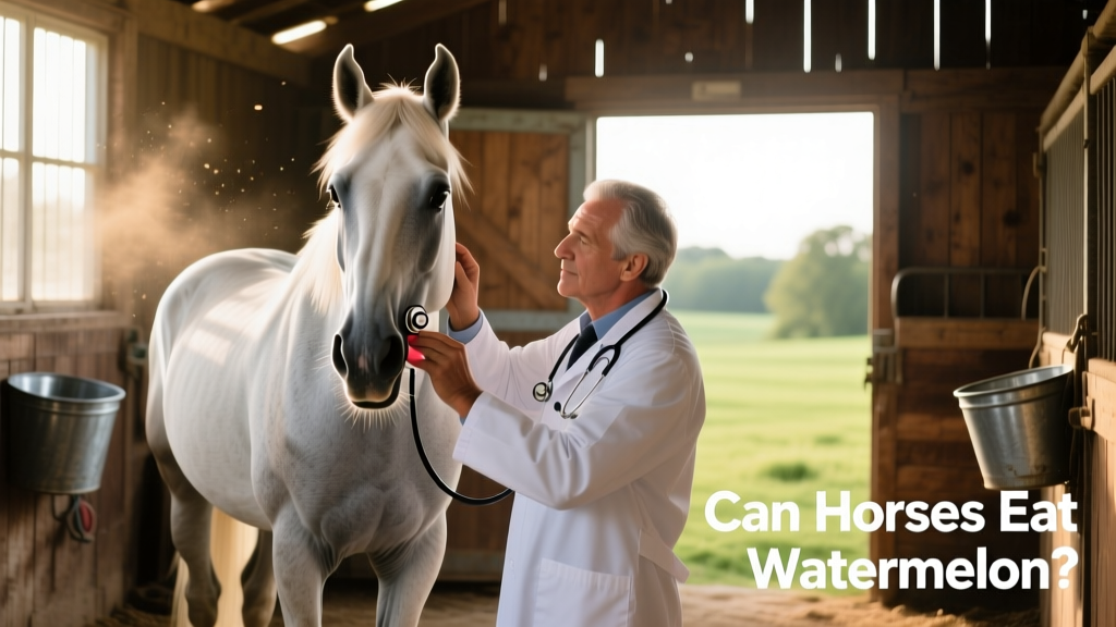A veterinarian calmly observing a horse in a shaded stall, checking its gums and listening to gut sounds with a stethoscope