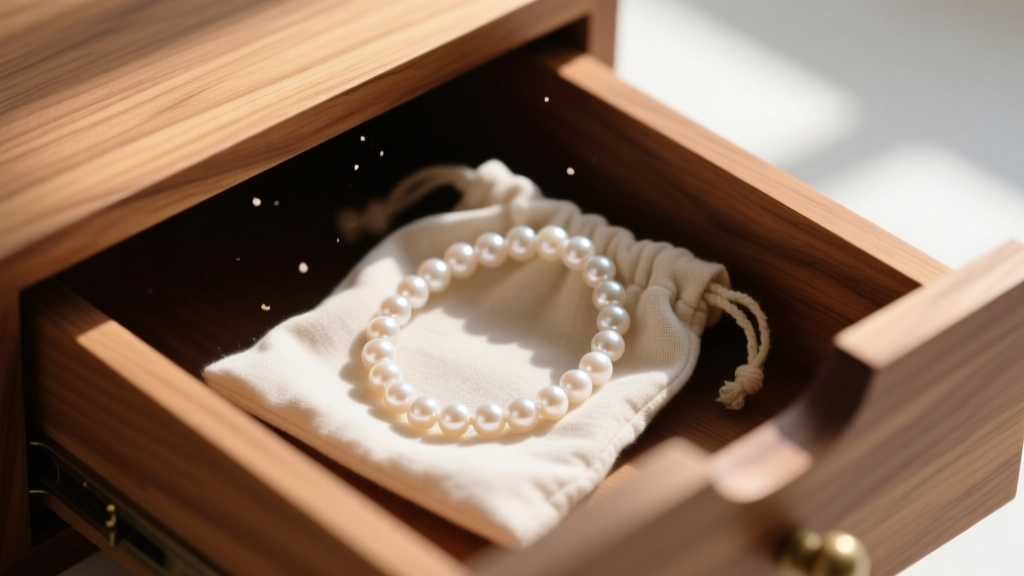 Faux pearl necklace stored in a breathable cotton pouch, resting in a cedar-lined wooden drawer away from harsh direct sunlight.