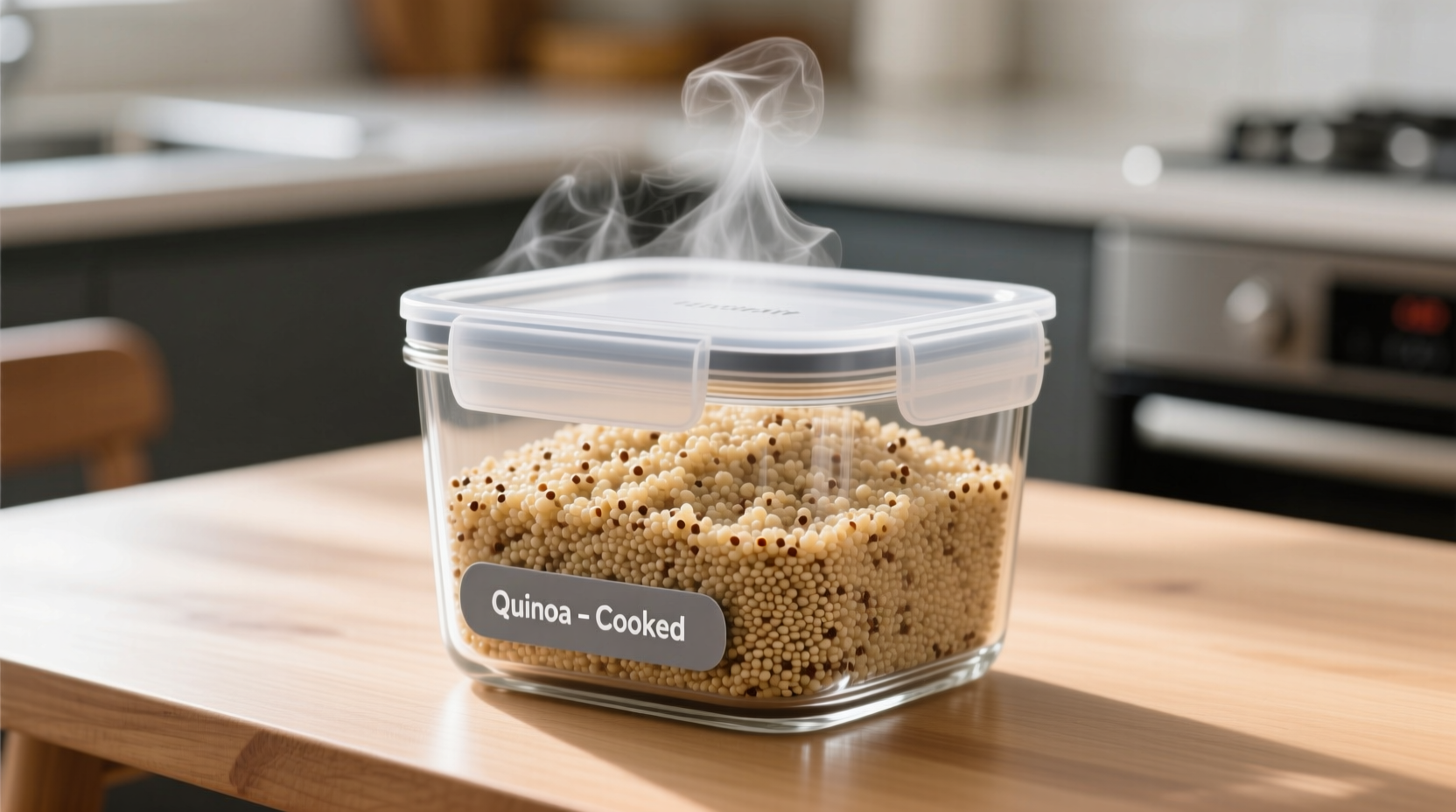 Cooked quinoa in glass storage container