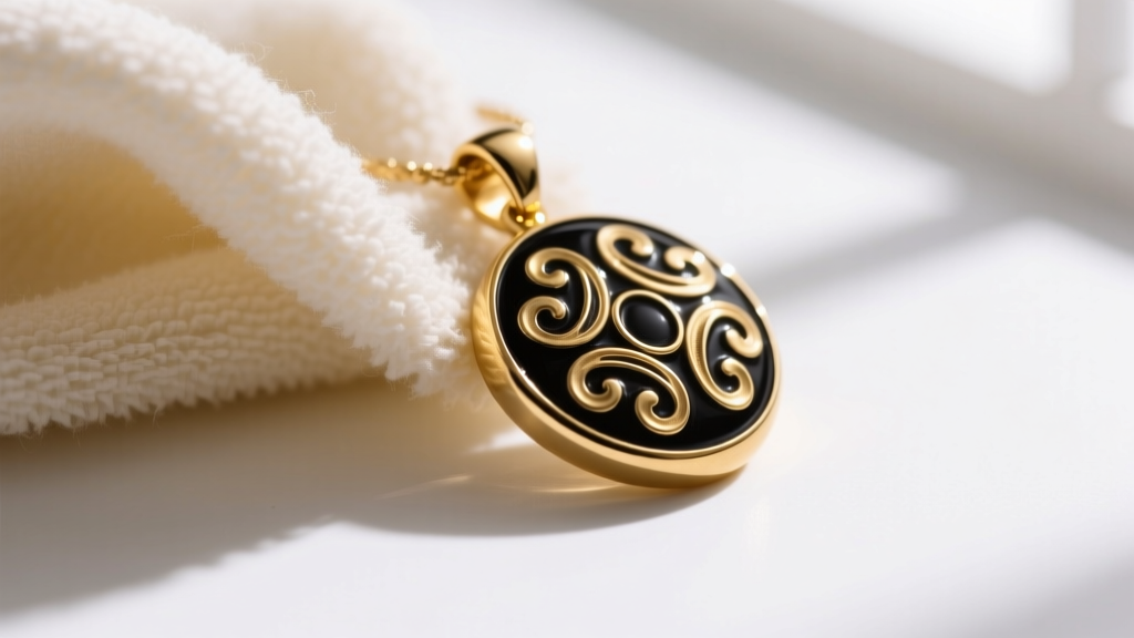 Close-up of a soft microfiber cloth gently wiping a gold-plated brass pendant with black enamel inlay on a clean white surface