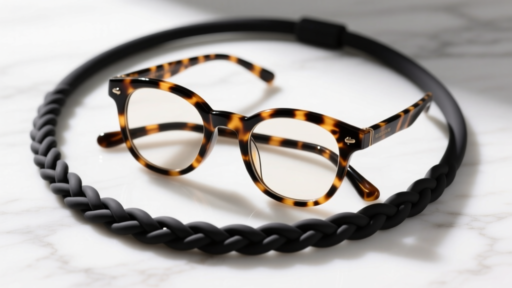 Tortoiseshell reading glasses resting on a braided black silicone necklace cord, shot from above on a clean white marble surface.