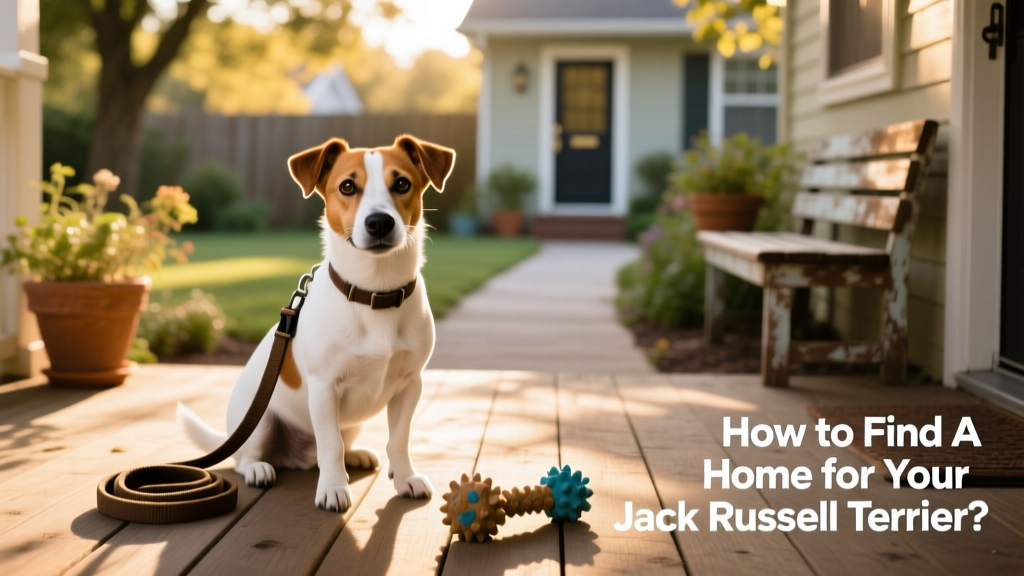 A friendly, energetic Jack Russell Terrier sitting attentively beside a leash and toy