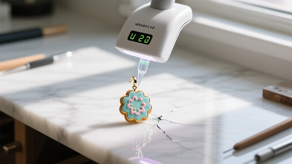 Overhead view of a workbench showing a sugar cookie enamel earring repaired with clear UV resin under a small LED curing lamp.