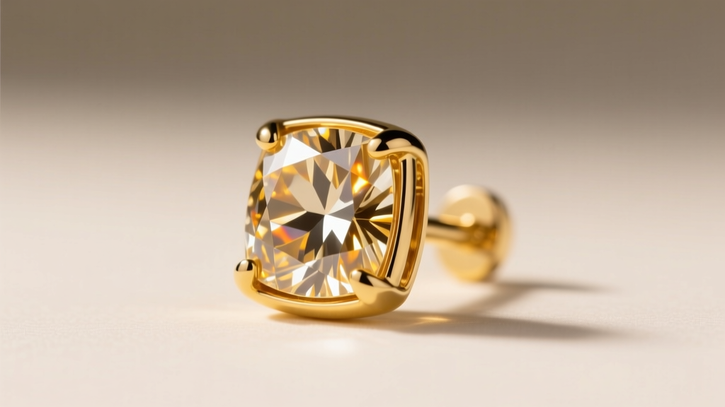 Side view of a radiant-cut C5 champagne diamond earring in a yellow gold bezel, showing stone depth and warm color saturation.