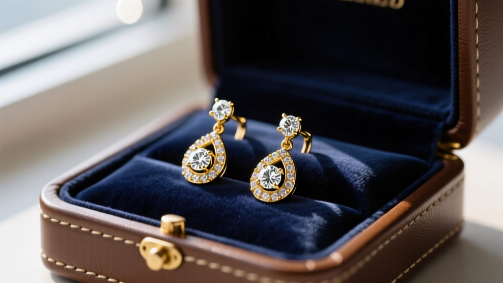 Close-up of 18k gold diamond drop earrings resting on a dark navy velvet insert inside an open luxury leather jewelry box.