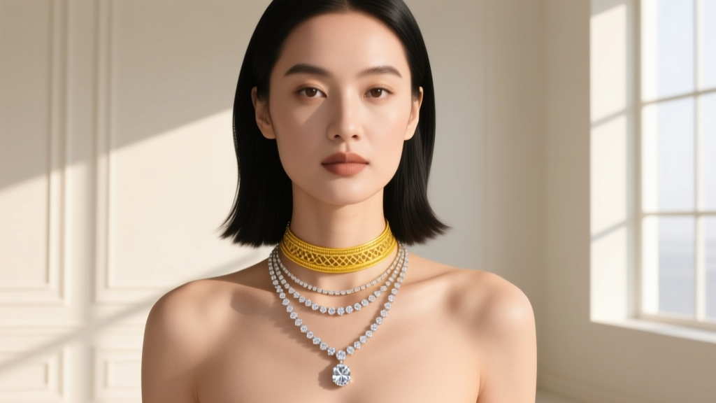Woman wearing layered diamond necklaces, featuring a 16-inch choker and an 18-inch solitaire diamond drop pendant in yellow gold.