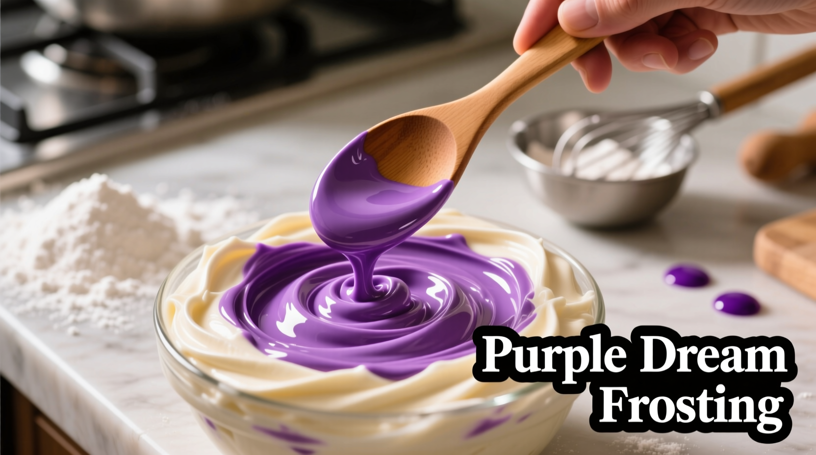 Hand mixing purple food coloring in frosting