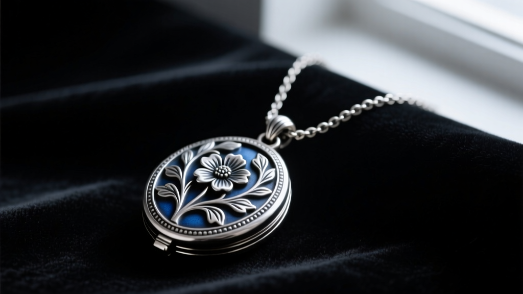 Oxidized sterling silver gothic locket necklace with floral engraving resting on dark velvet in moody studio lighting.