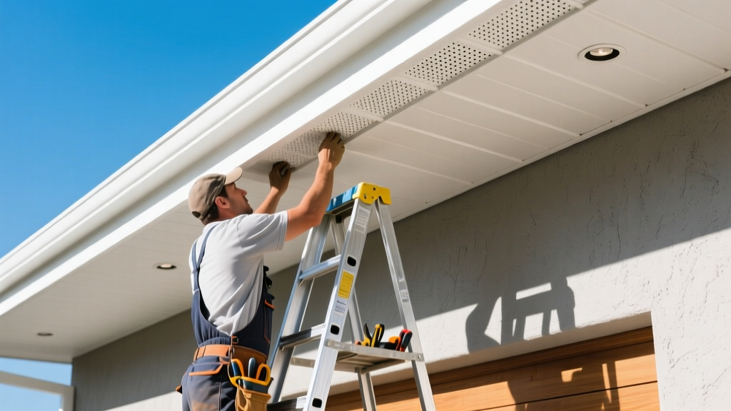 Carpenter on an aluminum ladder installing white perforated vinyl roof soffit panels under a modern residential eave on a sunny day