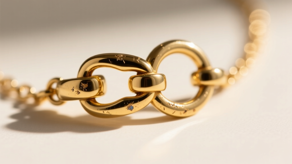 Macro shot of a gold vermeil double name necklace clasp and soldered jump ring showing slight wear on the lobster clasp mechanism.