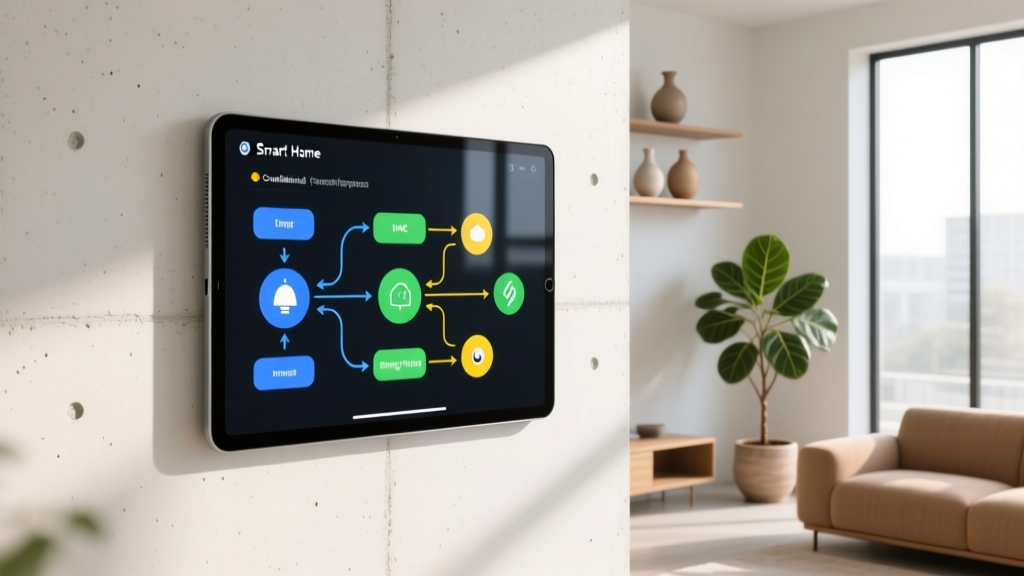 Wall-mounted tablet showing a complex smart home automation flowchart with conditional triggers for lighting and climate control systems.