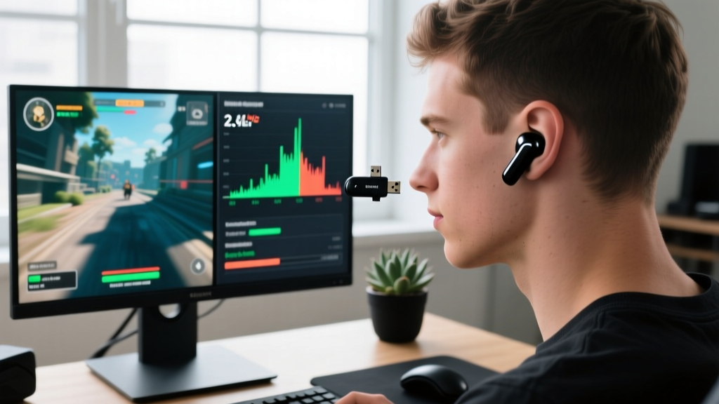 Close-up of a gamer using low-latency wireless earbuds with a 2.4GHz dongle, showing a split-screen latency test on a high-refresh-rate monitor.