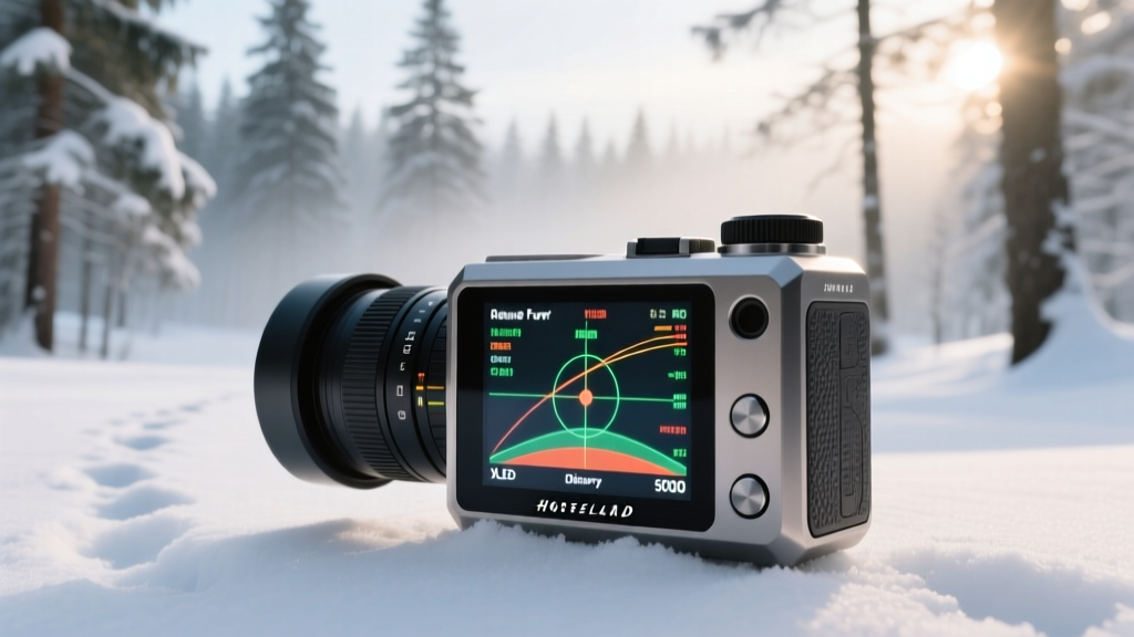 Close-up of Vortex Fury HD 5000 rangefinder displaying ballistic holdover data on OLED screen against a snowy forest backdrop