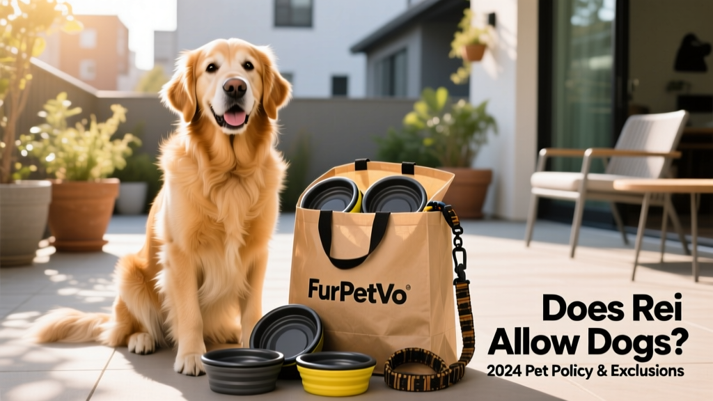 A happy dog sitting beside an open FurPetVo shopping bag filled with collapsible bowls and a durable leash