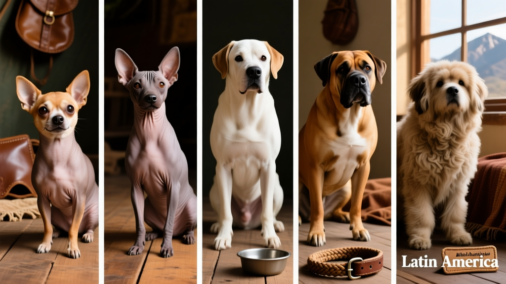 Side-by-side portraits of five Latin American breeds: Chihuahua, Xoloitzcuintli, Dogo Argentino, Fila Brasileiro, and Perro de Puna