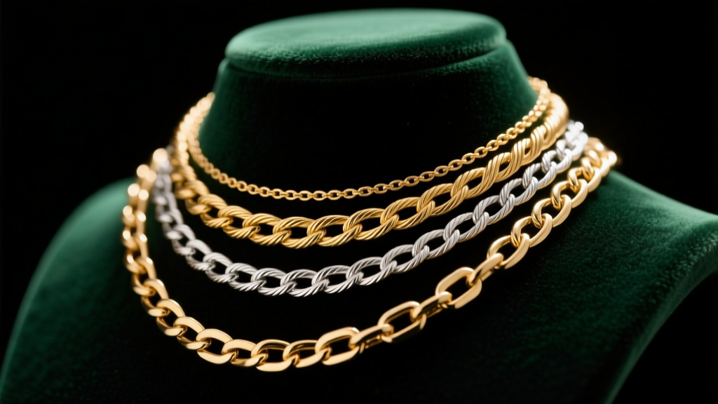 Layered gold and silver necklaces showing cable, rolo, and Figaro weaves on a dark velvet bust under soft, warm studio lighting.