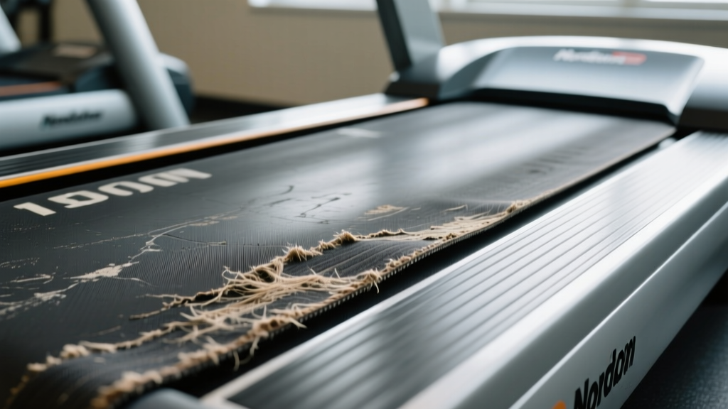 Close-up of a worn 18-inch by 50-inch treadmill belt on an older NordicTrack T-Series model showing lateral friction marks