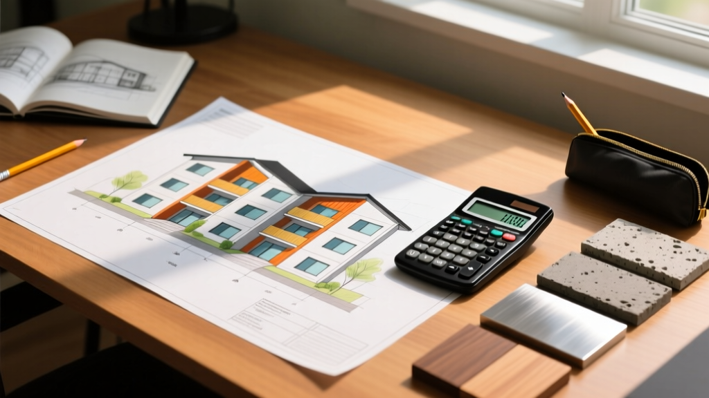 Architectural blueprint of a modern four-unit quadplex on a wooden desk next to a construction calculator and material samples