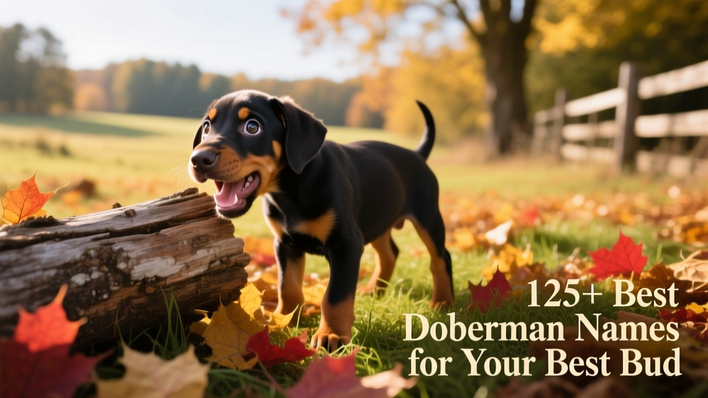An adorable Doberman puppy playfully biting a wooden log while standing in autumn leaves and grass