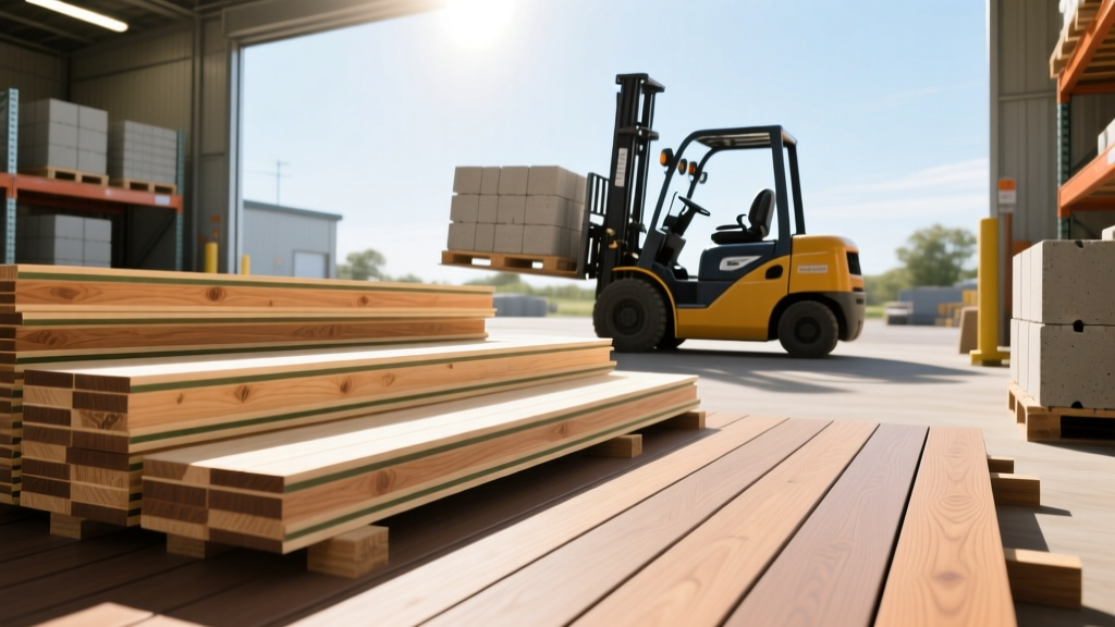 Stacked SPF framing lumber and composite decking at a regional supply yard, featuring a forklift moving masonry blocks in bright daylight.