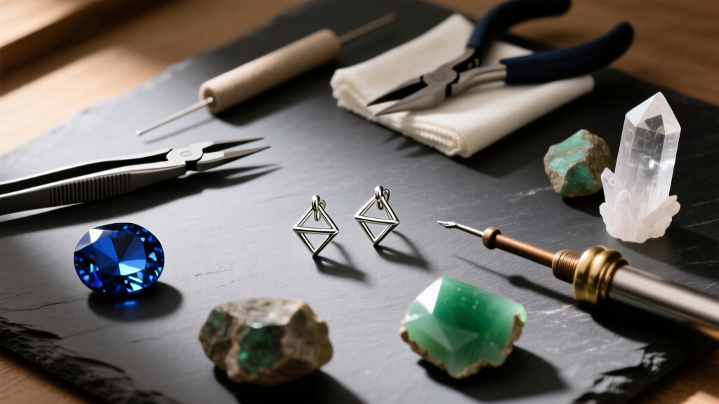 Flat lay of jewelry making tools, titanium ear wires, and raw gemstones on a dark slate workbench under warm studio lighting.