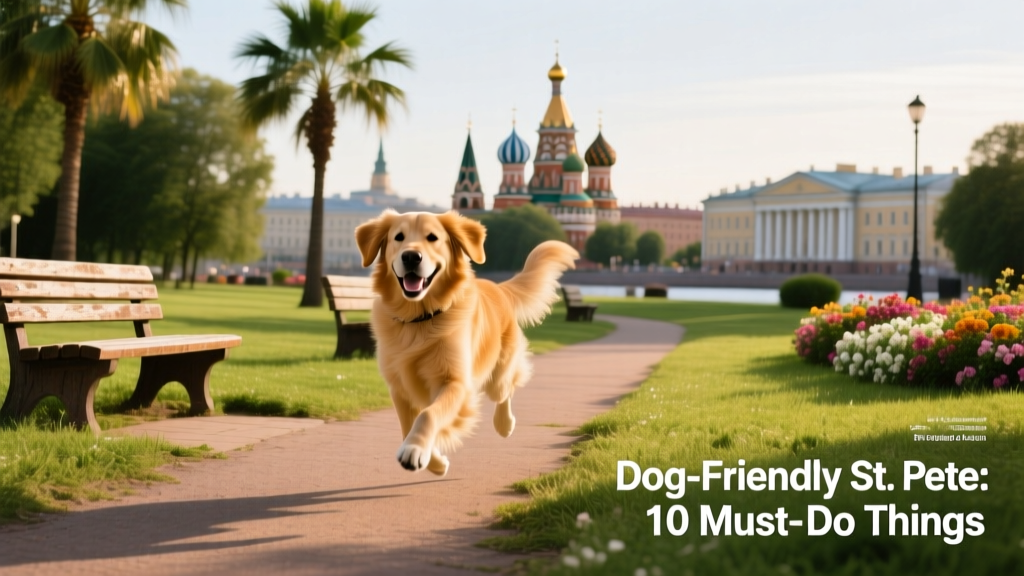 A cheerful golden retriever running along a sunlit, grassy park path with palm trees and benches in the background