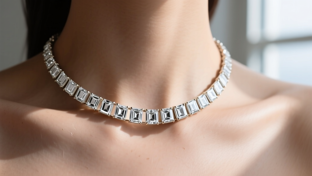 Close-up of a 14k white gold baguette tennis necklace on a collarbone, soft lighting highlighting the rectangular diamond facets