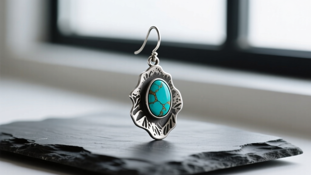 Close-up of a rustic nature-inspired drop earring made of oxidized sterling silver and raw turquoise, resting on dark slate