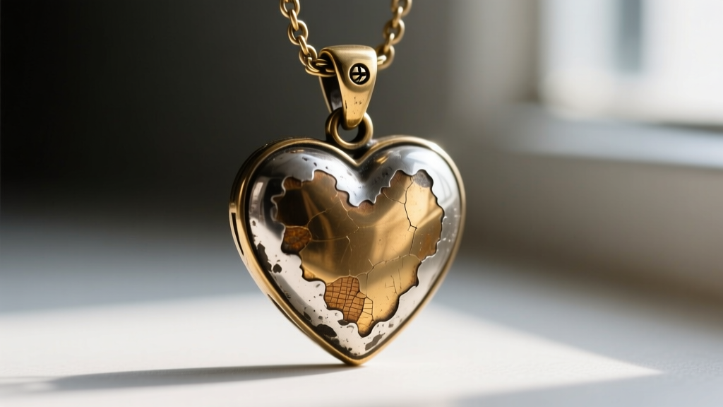 Macro shot revealing the brass base metal beneath worn silver-tone plating on the bail of a vintage-style heart pendant necklace
