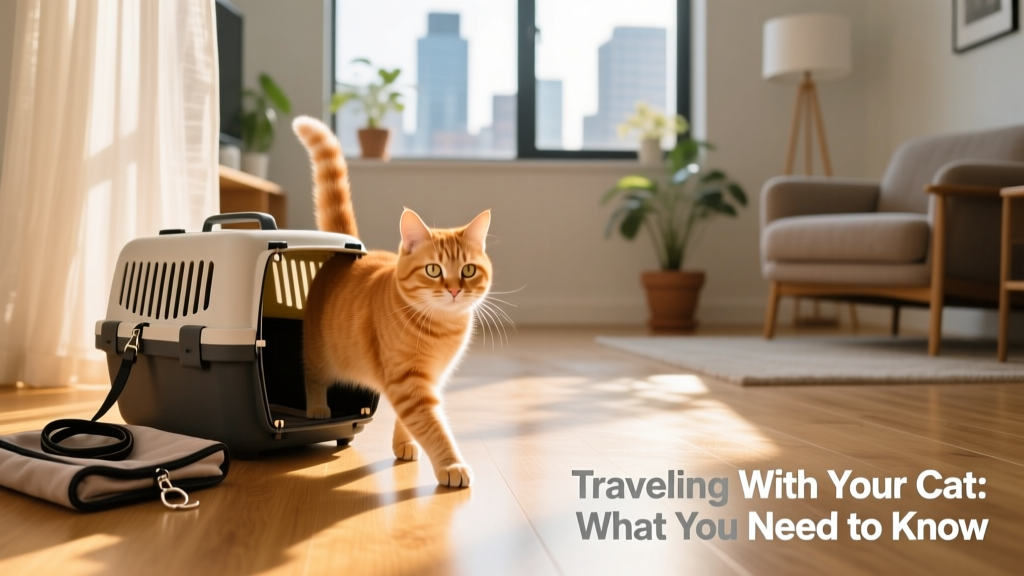 Happy cat stepping out of a carrier onto a sunlit apartment floor after a successful transit trip