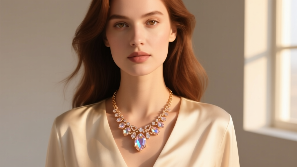 Woman wearing a rose gold natural white druzy necklace on cream silk, warm sunlight highlighting the subtle glow and texture