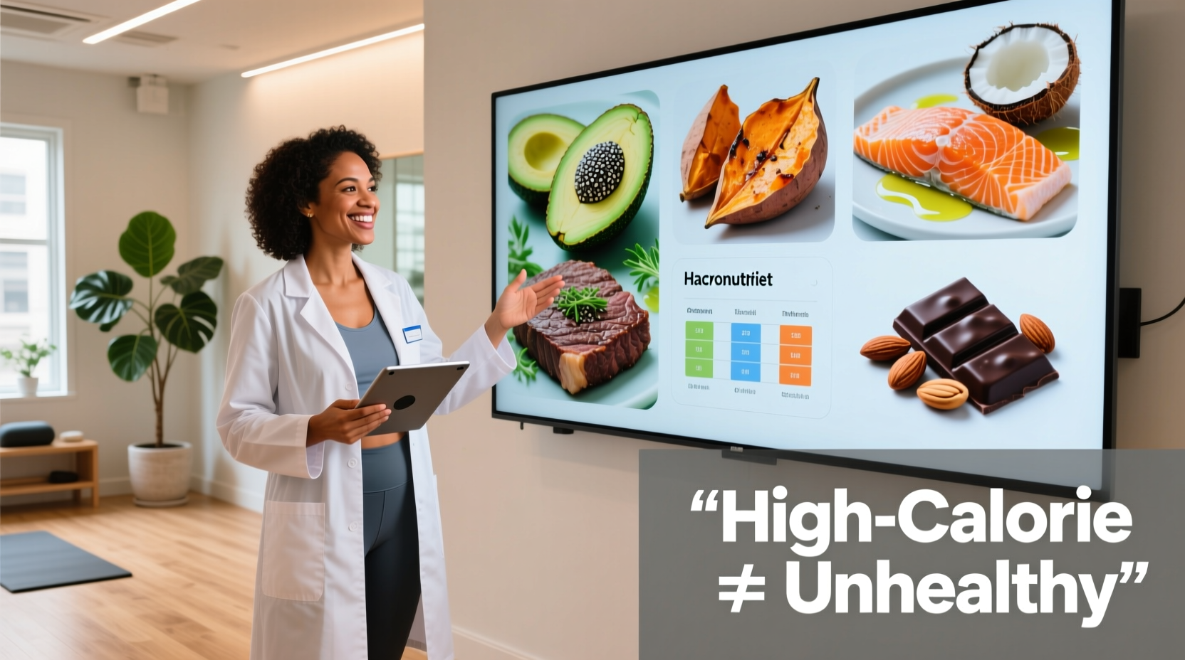 Nutritionist explaining high-calorie food options