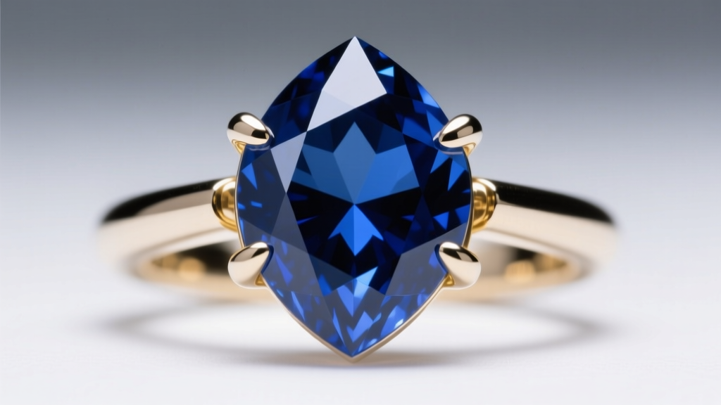 Macro of deep blue sapphire kite in 18k white gold tension setting, showing precise metal grooves gripping the stone girdle.