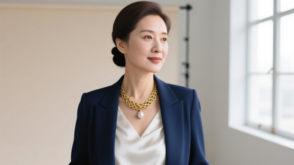 Professional woman in navy blazer wearing a 24-inch gold vermeil matinee necklace over a white silk blouse, soft lighting.