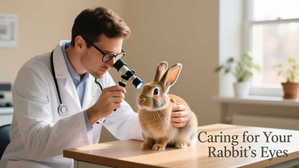 Veterinarian gently examining a rabbit’s eye with an ophthalmoscope