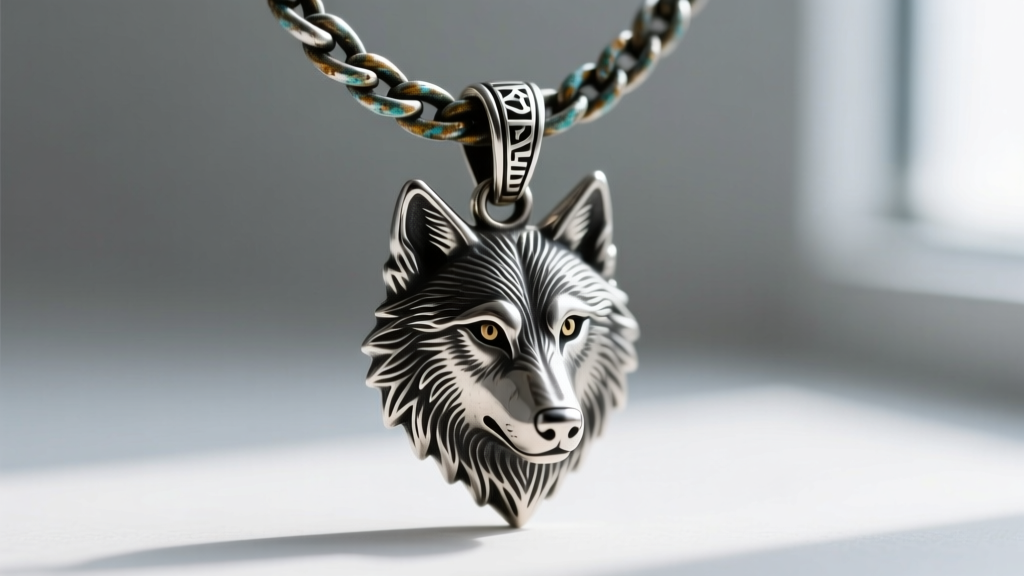 Macro photography of a thick 4mm oxidized silver rope chain threading through a sturdy soldered bail on a detailed wolf pendant.