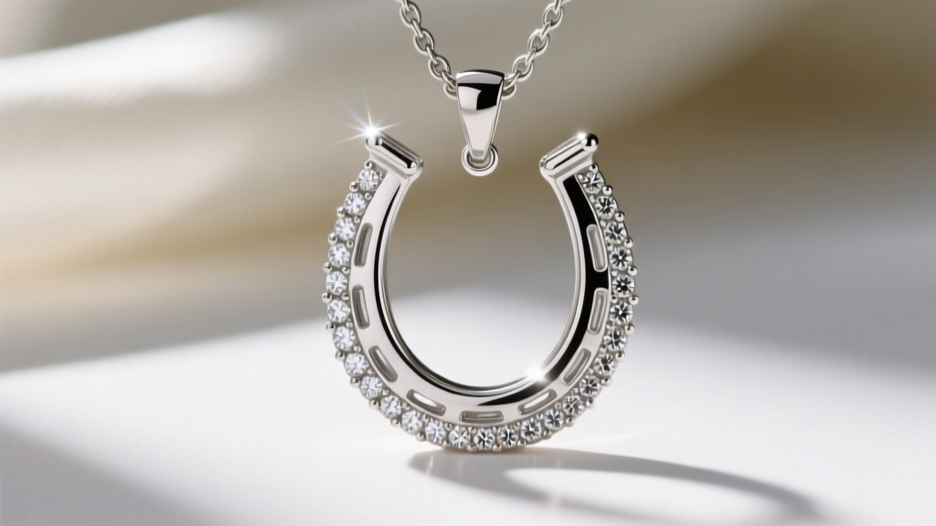 Macro shot of a platinum horseshoe pendant showing bead-set melee diamonds, capturing bright light reflection and prong details.