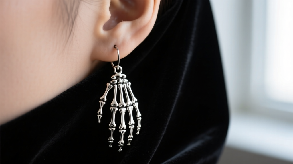 Macro shot of an anatomical sterling silver skeleton hand earring dangling from a pierced earlobe against dark velvet fabric