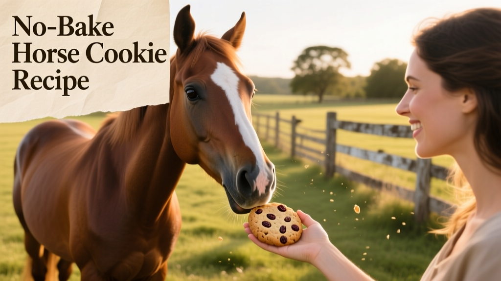 A happy horse gently taking a no-bake cookie from a person's hand in a sunlit paddock