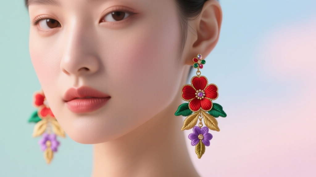 Close-up of a model wearing vibrant silk thread micro-embroidery floral drop earrings against a soft pastel studio backdrop.