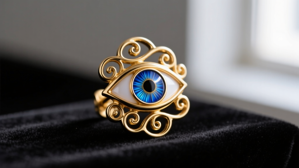 Close-up of a gold-tone brass Schiaparelli earring featuring a surrealist eye motif with a blue enamel iris on dark velvet.