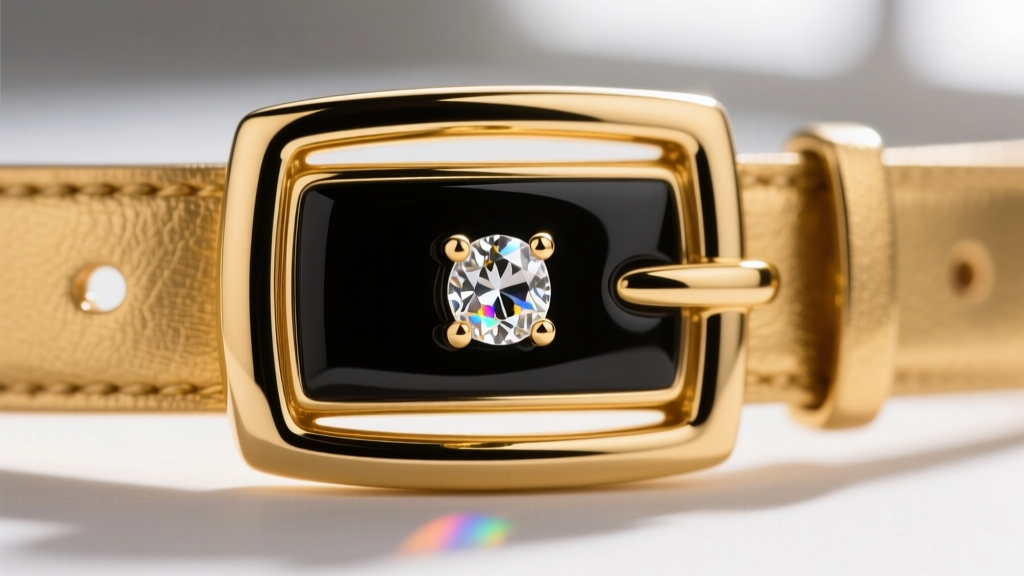 Macro photography of a 14k gold vermeil belt buckle pendant showing black enamel inlay and a prong-set cubic zirconia initial.