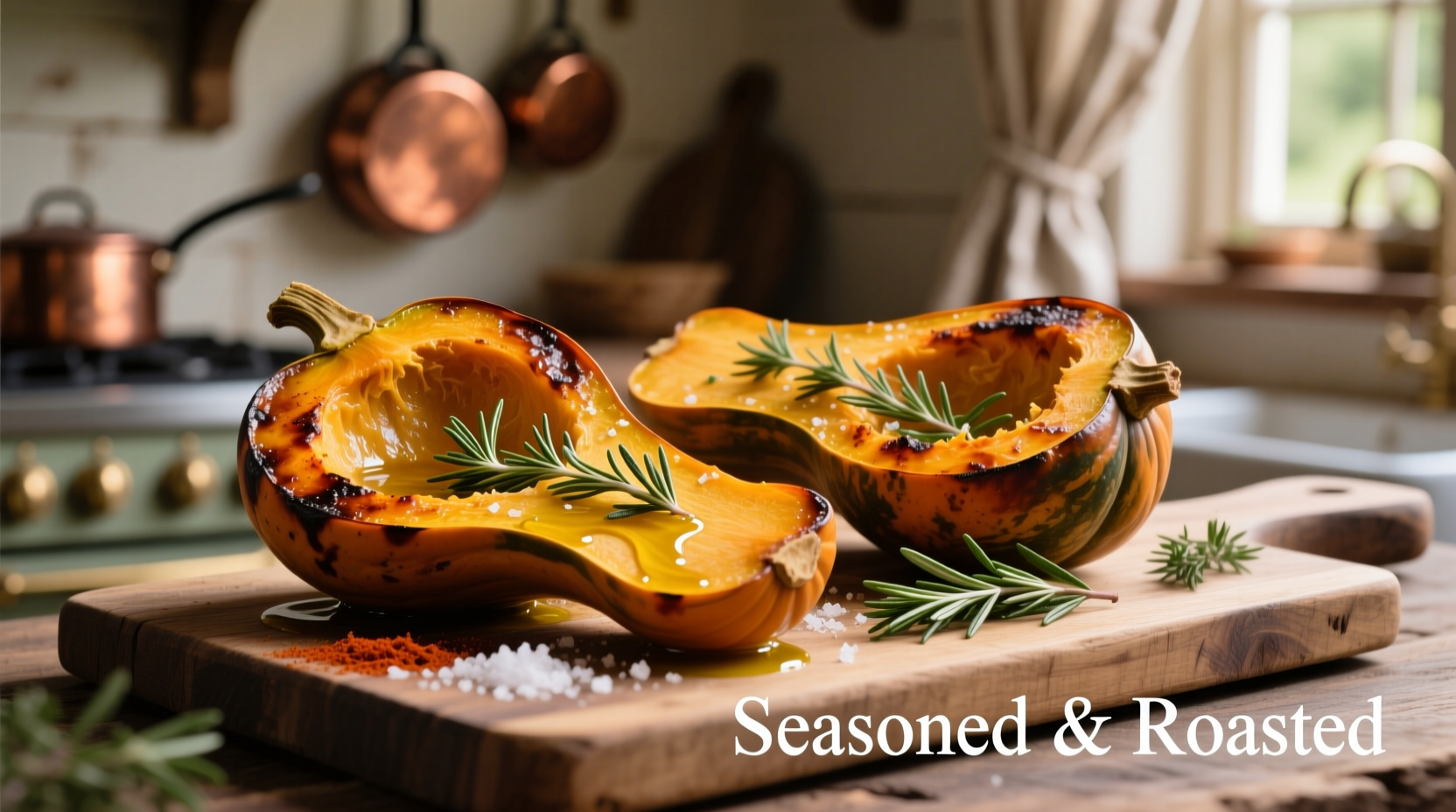 Roasted acorn squash halves with herbs and seasoning