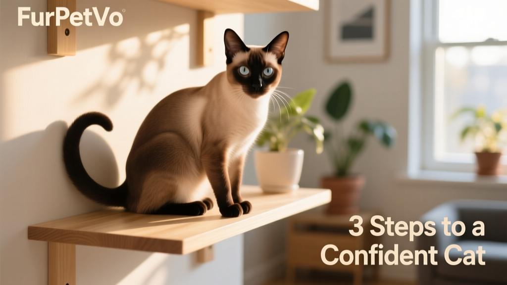 A cat confidently perched on a FurPetVo wall-mounted shelf, looking relaxed and alert