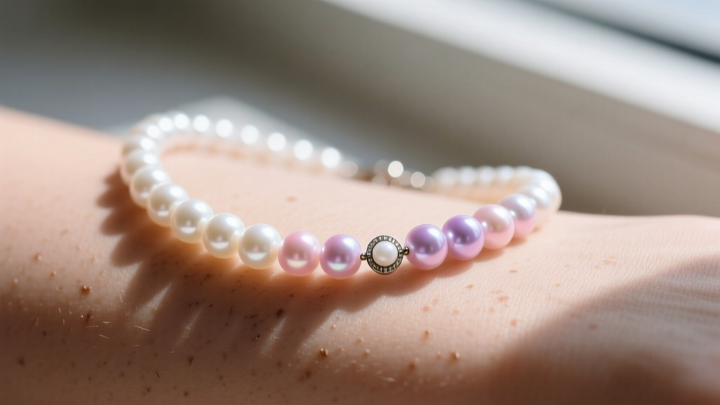 Close-up of a freshwater pearl necklace on skin, showing slight surface dulling near the clasp to highlight organic gem wear.