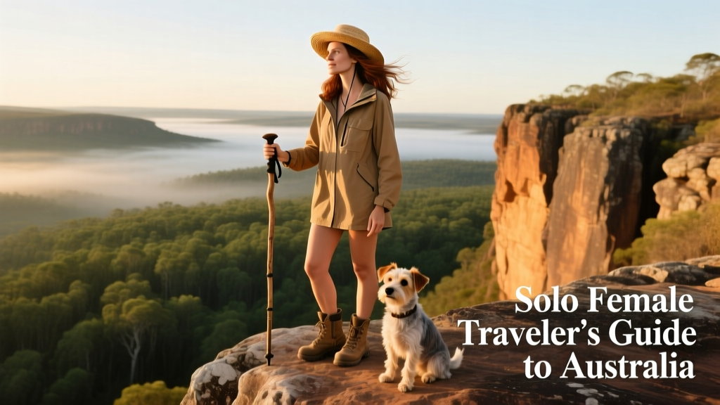 A solo female traveler standing on a dramatic cliff edge overlooking a green forested valley in Australia